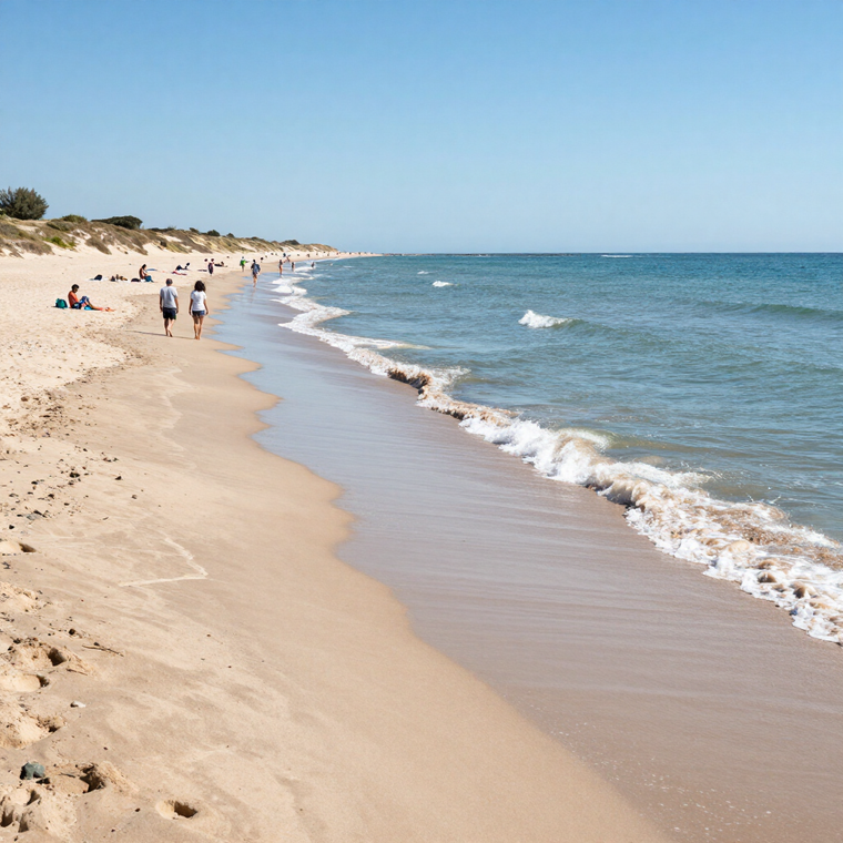 Playa soleada con olas suaves, dunas de arena y algunas personas paseando por la orilla.
