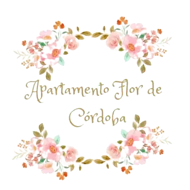 Logotipo de corona floral con flores rosas y hojas doradas que dice “Apartamento Flor de Córdoba”