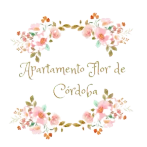 Logotipo de corona floral con flores rosas y hojas doradas que dice “Apartamento Flor de Córdoba”