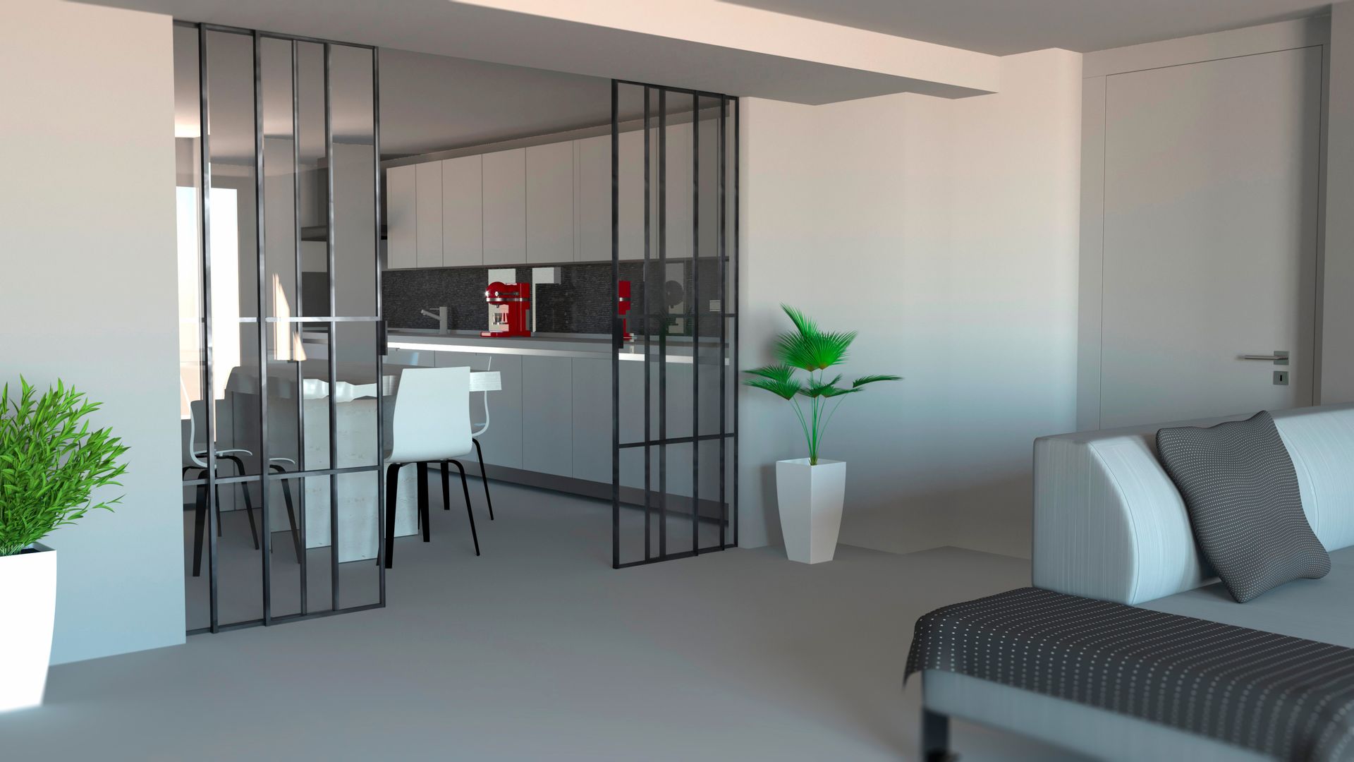 Salon moderne avec cloison vitrée, cuisine en arrière-plan, canapé, plantes.