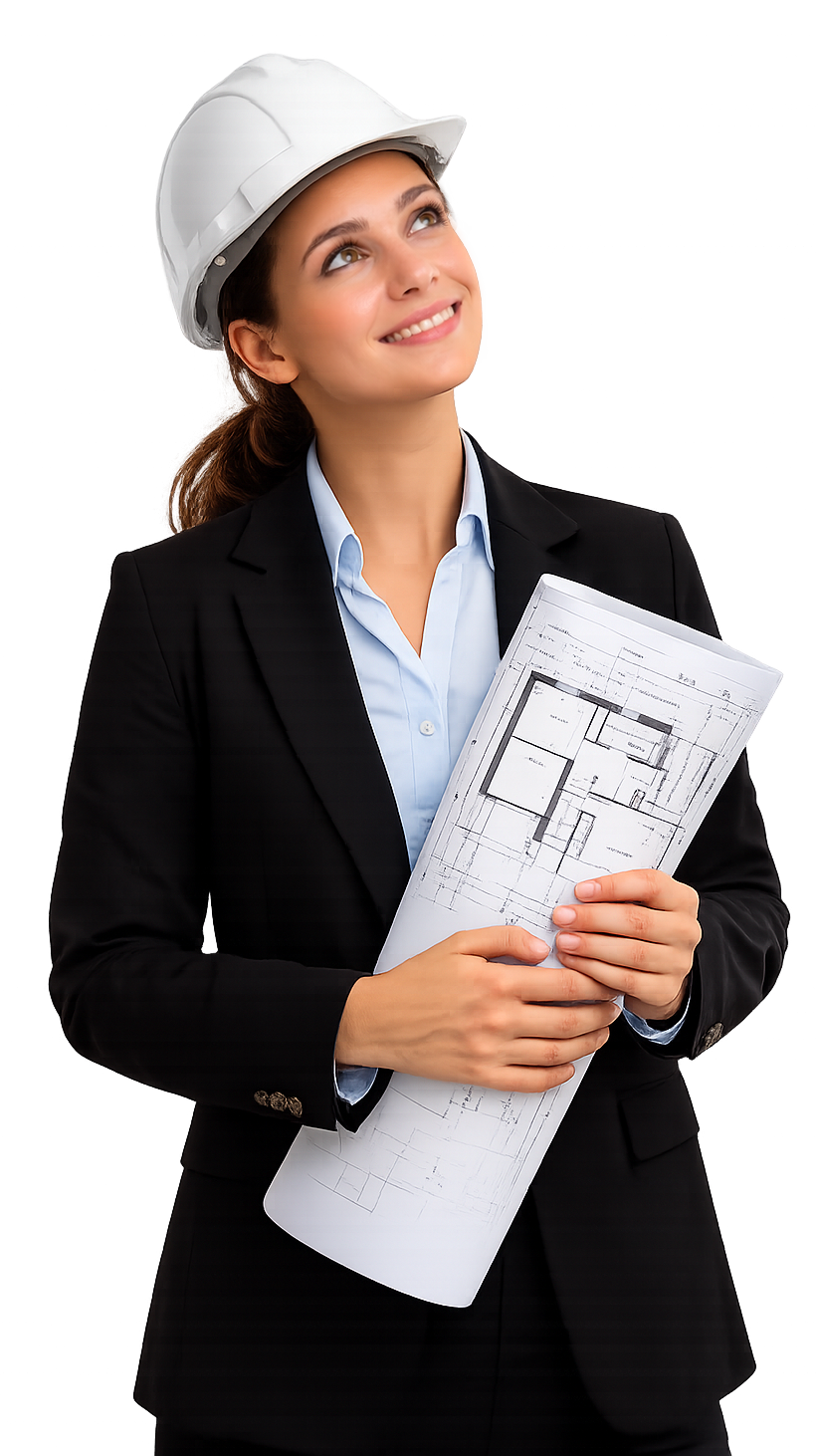 Femme en casque et tailleur, tenant des plans, regardant vers le ciel, souriante.
