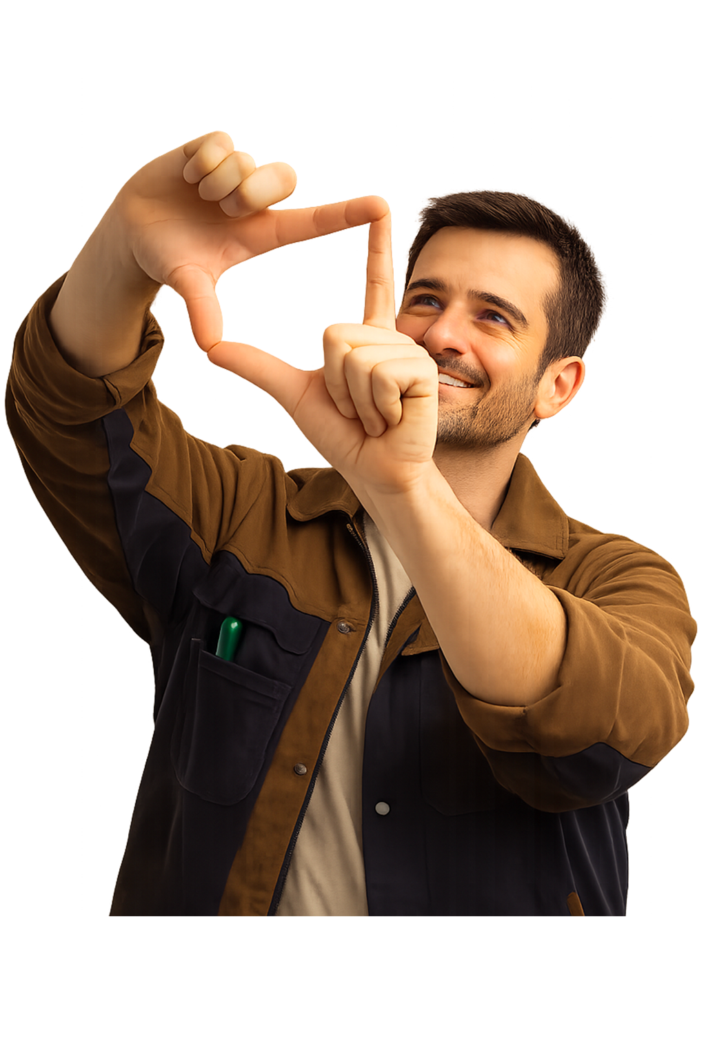 Un homme dessine un cadre avec ses mains, souriant, vêtu d'une veste.