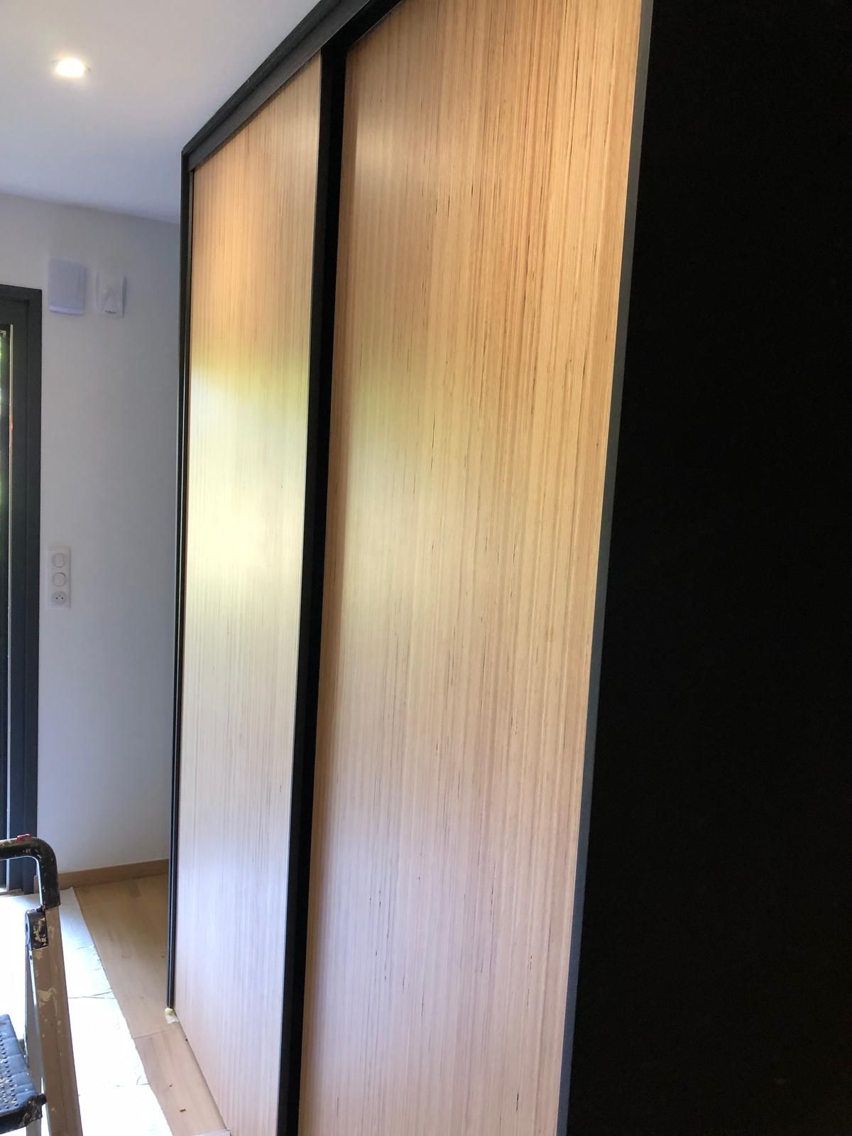 Portes de placard en bois avec garniture dans une pièce baignée de lumière.