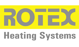 Un logotipo amarillo y gris para los sistemas de calefacción Rotex.