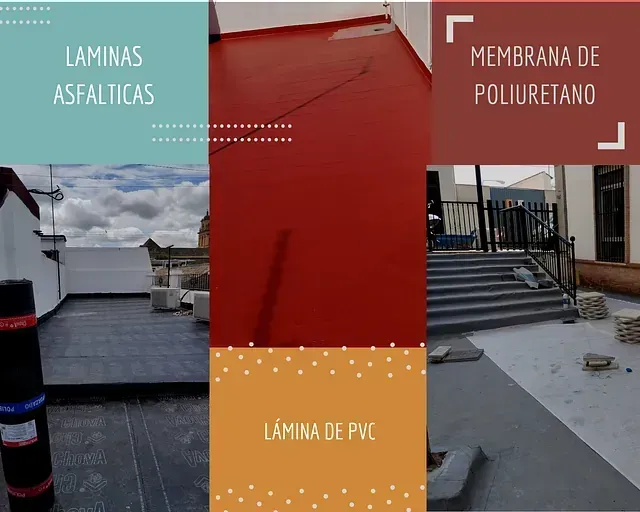 Un collage de imágenes con las palabras láminas asfálticas y membrana de poliuretano.