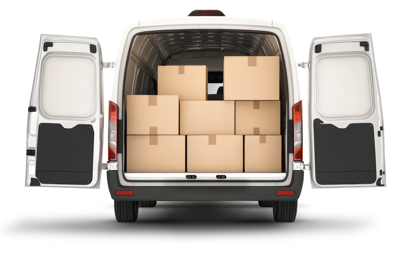 Les portes arrière d'un camion de livraison avec des cartons