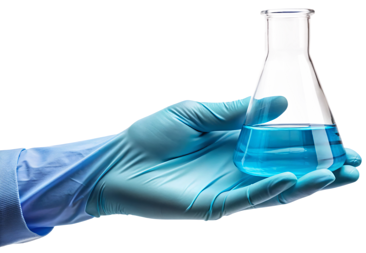 Une main gantée bleue portant un erlenmeyer 