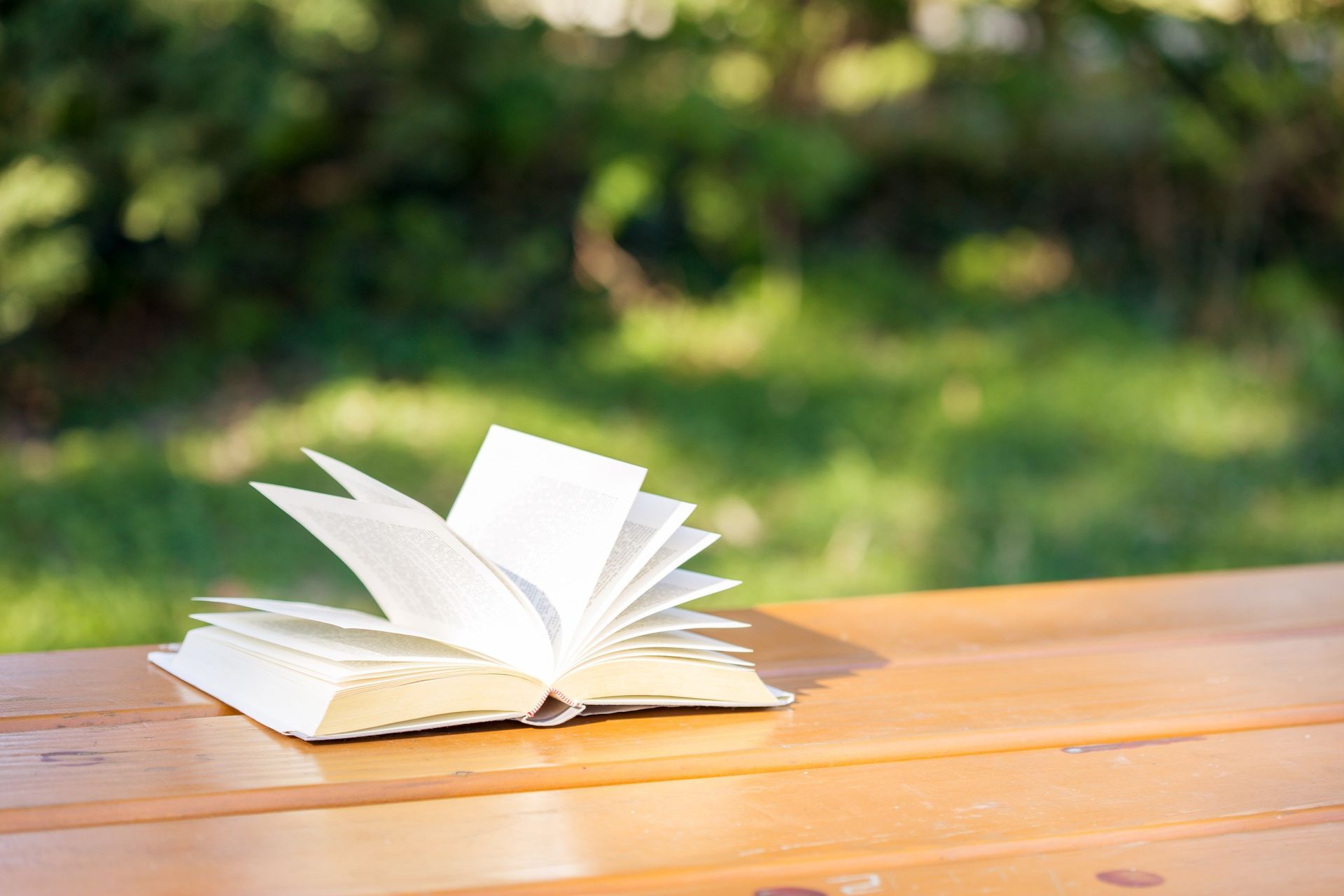 Libro abierto sobre una mesa de madera al aire libre, con las páginas ligeramente abiertas. Follaje verde desenfocado al fondo.