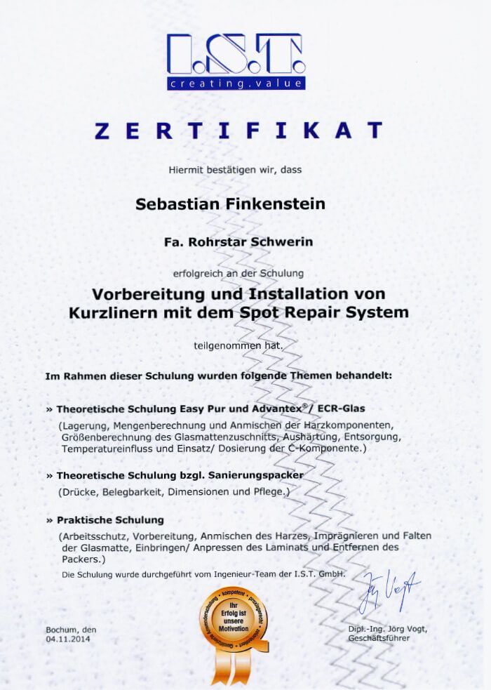 Zertifikat | ROHREXPERTEN IQ GmbH & Co. KG