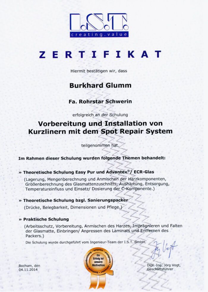 Zertifikat | ROHREXPERTEN IQ GmbH & Co. KG