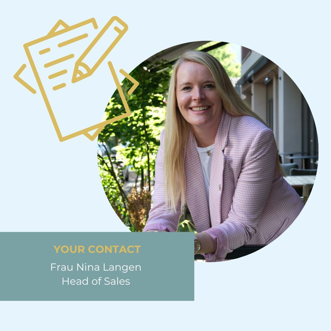Woman with blonde hair, Nina Langen, Head of Sales, smiling outside. Light blue background with a notes and pencil graphic.
