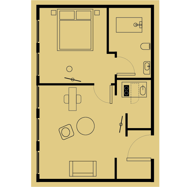 Floor plan of a small apartment with a bedroom, bathroom, kitchen, and living area. Beige interior, black outlines.