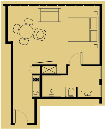 Grundriss einer Wohnung mit Wohn-/Schlafbereich, Küche und Bad. Goldener Hintergrund mit schwarzen Umrissen der Möbel.