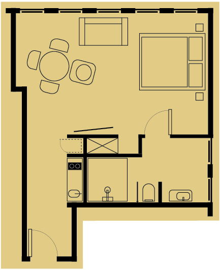Floor plan of a small apartment with living, dining, kitchen, bathroom, and bedroom areas, in a yellow and black color scheme.