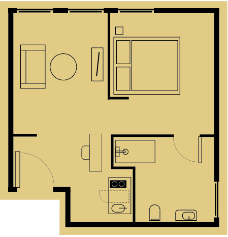 Floor plan of a small apartment with a bedroom, living space, and a bathroom with kitchen components.