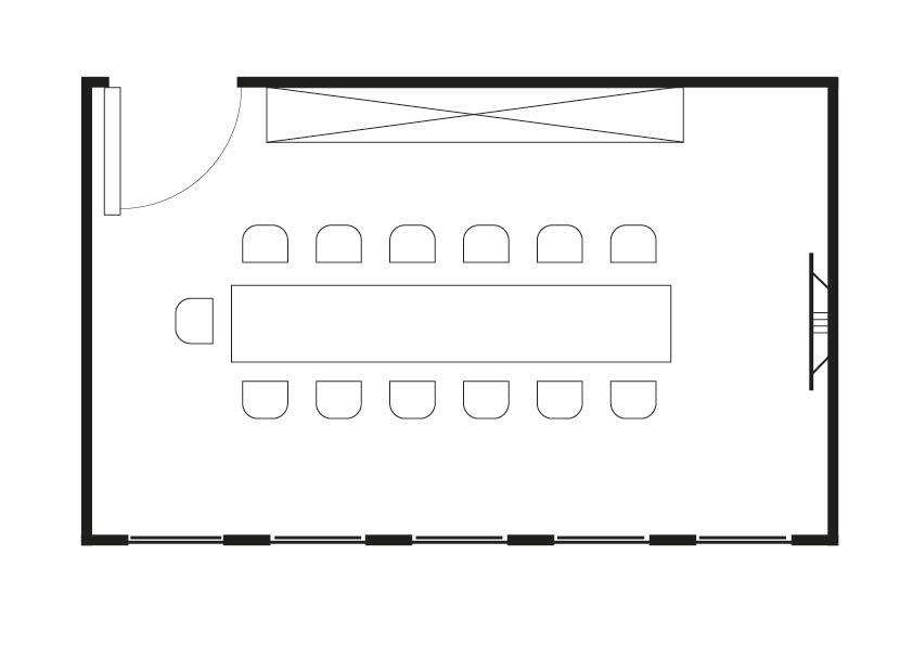 Ein schwarz-weißer Grundriss eines Konferenzraums mit einem langen Tisch und Stühlen.