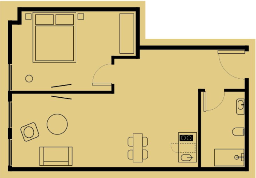 Floor plan of a small apartment with a living area, bedroom, kitchen, and bathroom.