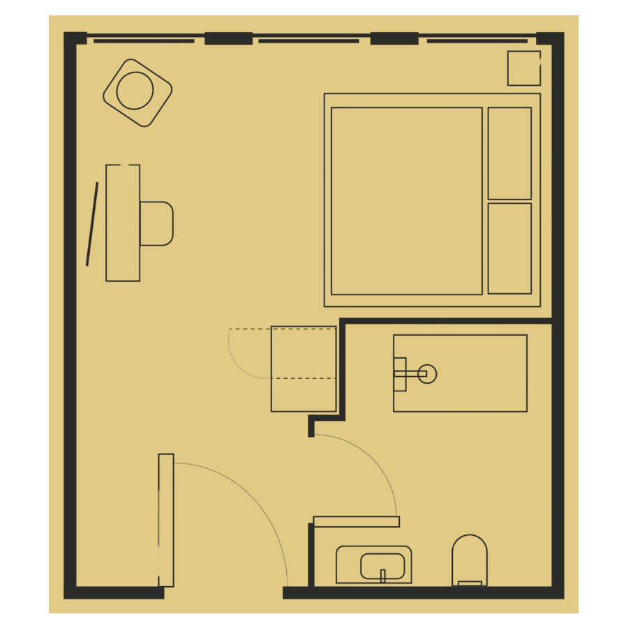 Grundriss einer Wohnung mit Schlafzimmer, Bad und Wohnbereich, dargestellt mit schwarzen Linien auf hellbraunem Hintergrund.