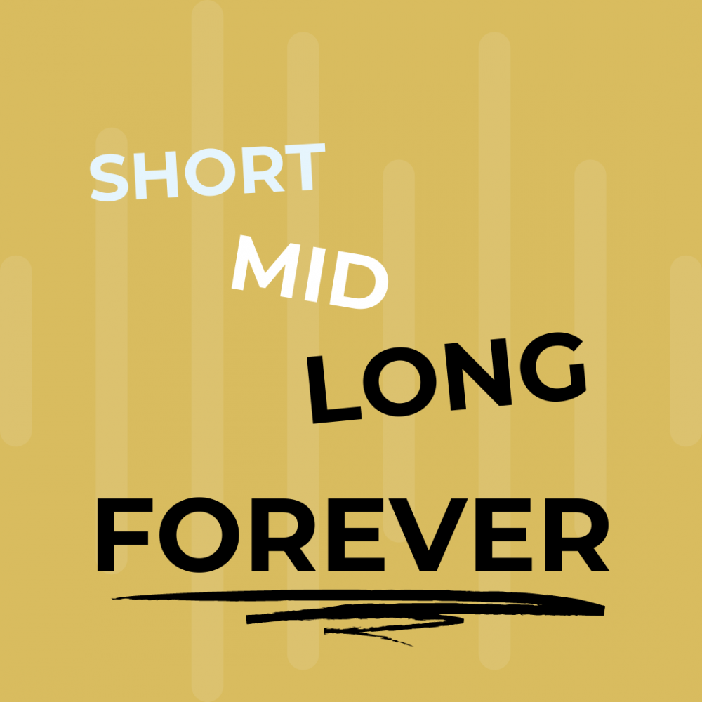 sylc. Apartmenthotel | Slogan | short, mid, lond, forever Die Worte „Short Mid Long Forever“ stehen auf gelbem Hintergrund