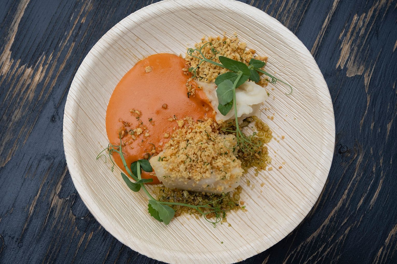 Ein auf einem weißen, strukturierten Teller angerichtetes Gourmetgericht mit Orangensauce, Kräutern und Krümeln.