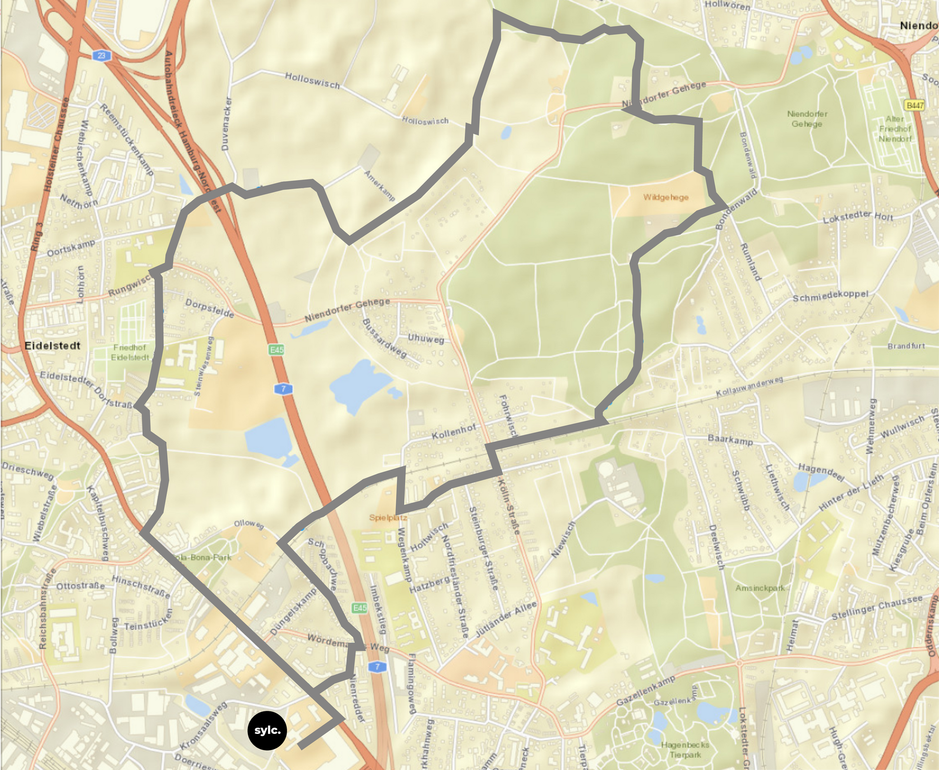 Eine Karte einer Stadt mit einem schwarzen Kreis in der Mitte