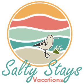 Logo with sandpiper on beach, sunset backdrop, and 
