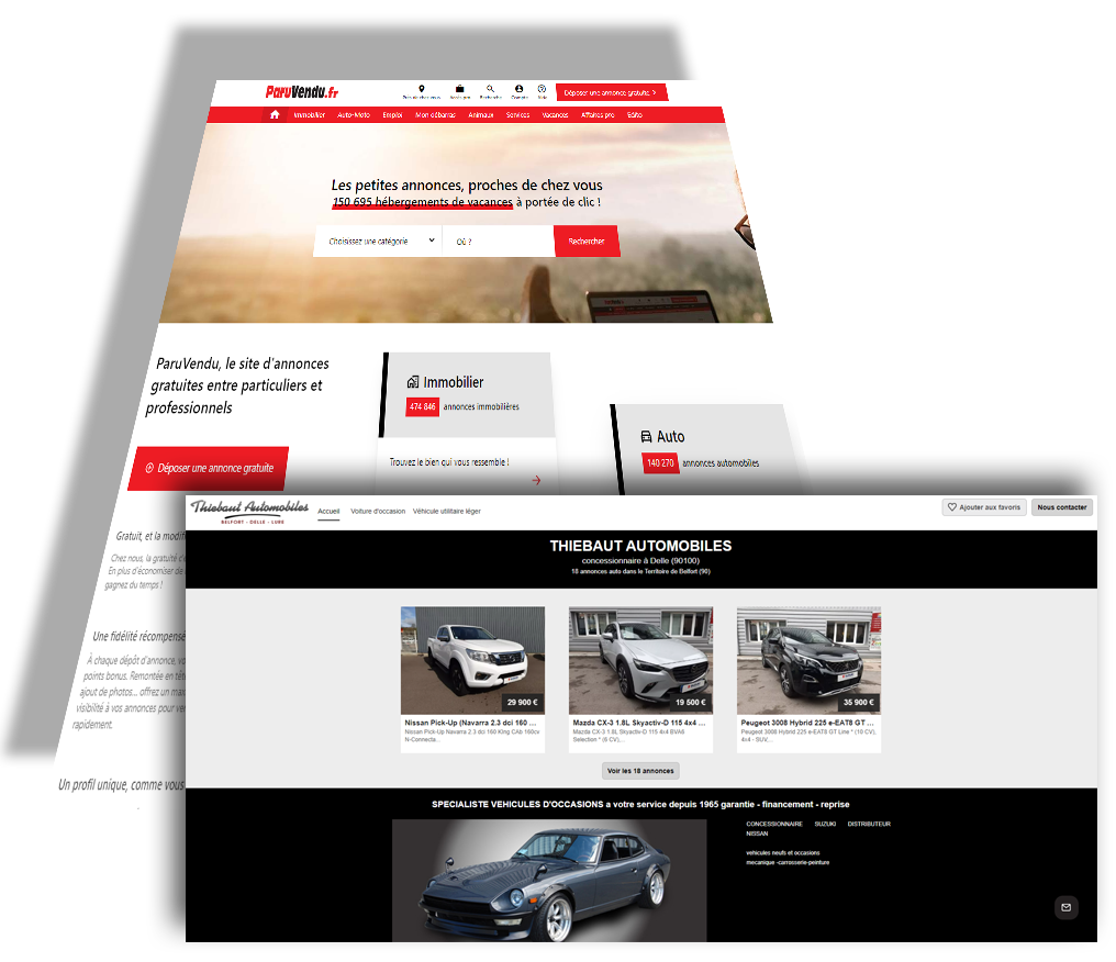 Screen des voitures d’occasion des sites ParuVendu et Thiebaut Automobiles