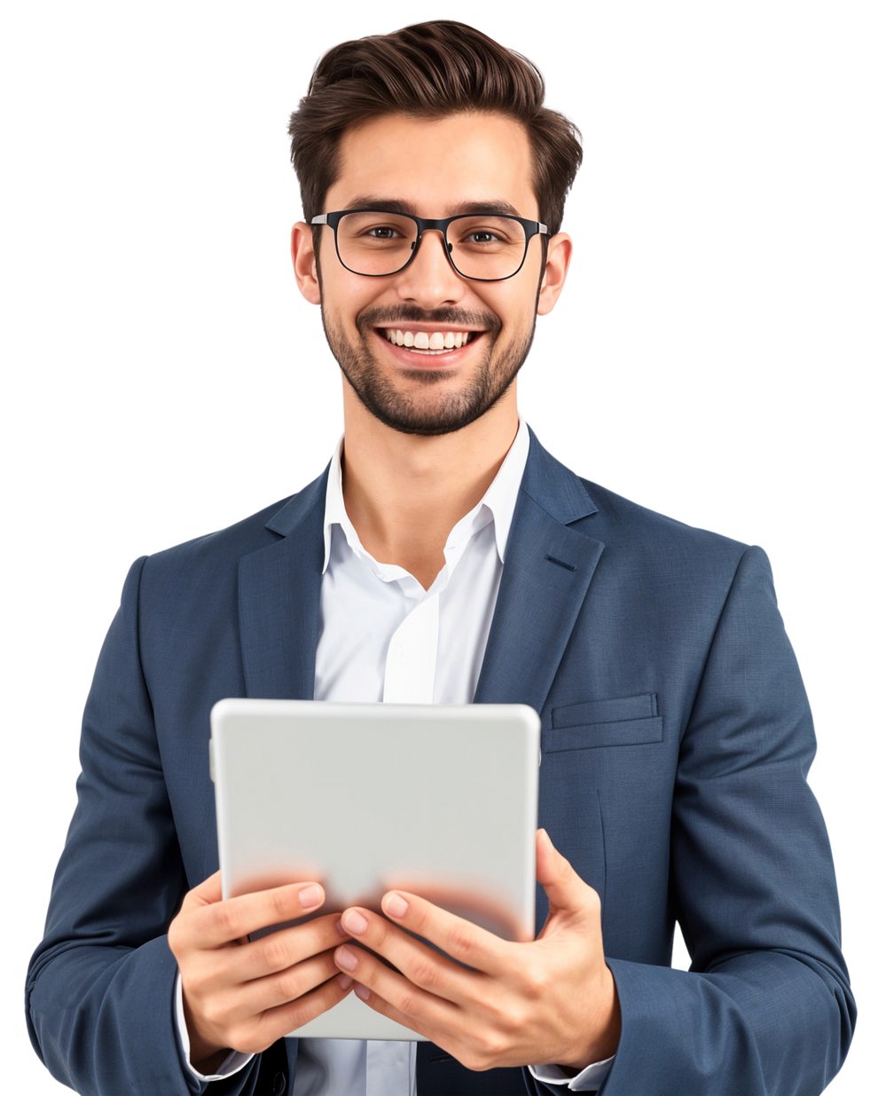 Homme souriant tenant une tablette dans ses mains