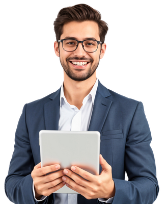 Homme souriant tenant une tablette dans ses mains