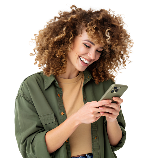 Femme souriante tenant un téléphone dans ses mains