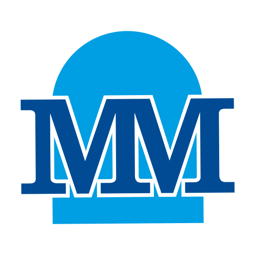 Un logotipo mm azul y blanco sobre un fondo blanco