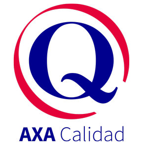 Un logotipo rojo, blanco y azul para Axa Calidad.