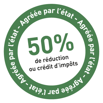 Cercle vert avec le texte « réduction/crédit d'impôt de 50 % » et « Approuvé par l'État » autour du bord.