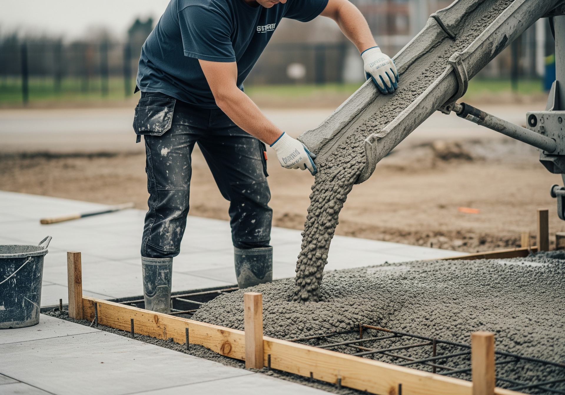 Ouvrier coulant du béton frais dans des coffrages en bois sur un chantier de construction