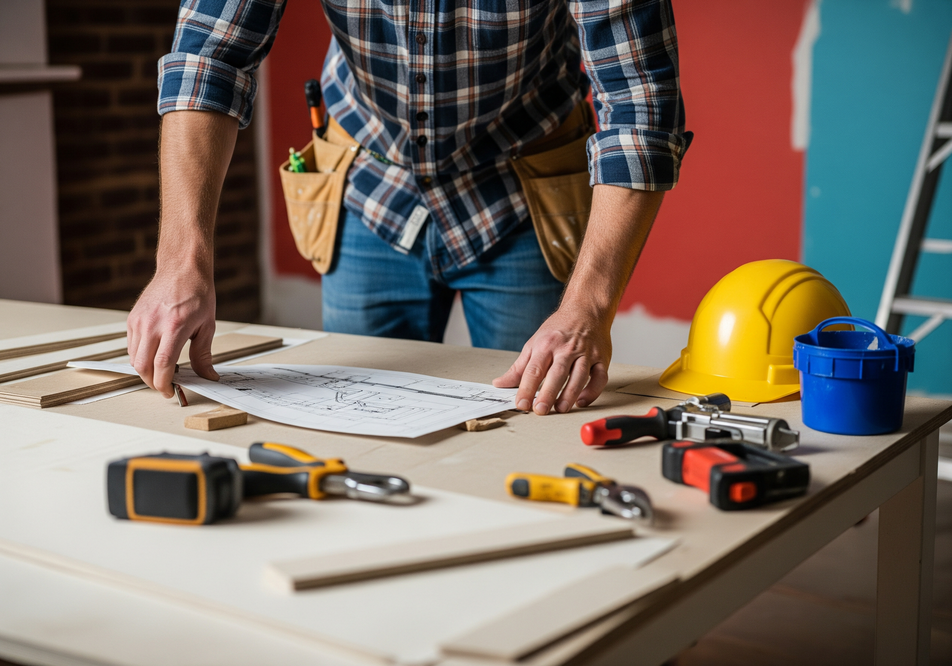 Une personne mesure une surface de travail avec des outils, des plans et un casque de chantier jaune sur une table dans un atelier