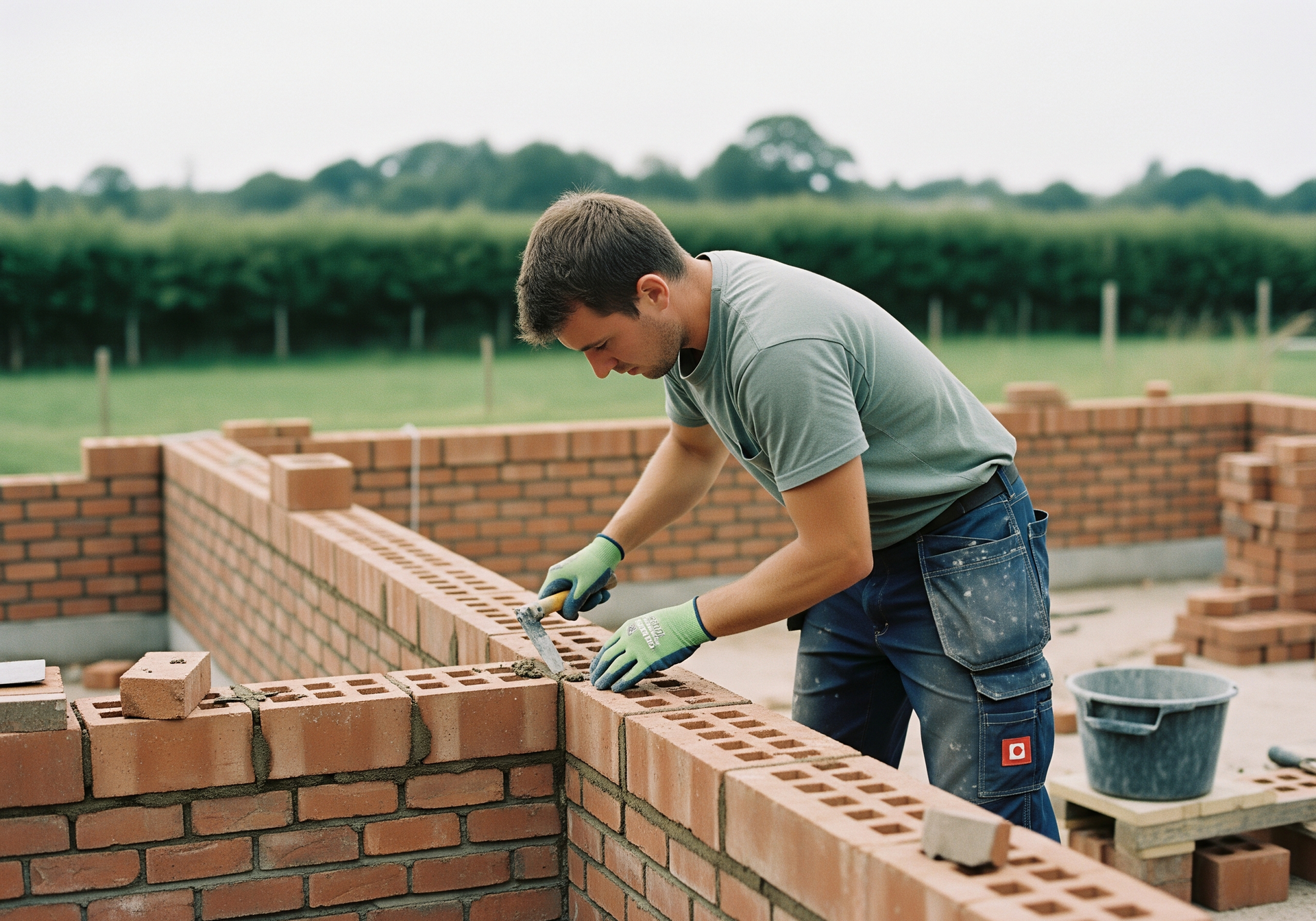 Un maçon pose des briques sur un muret en briques sur un chantier de construction, portant des gants et une chemise verte.
