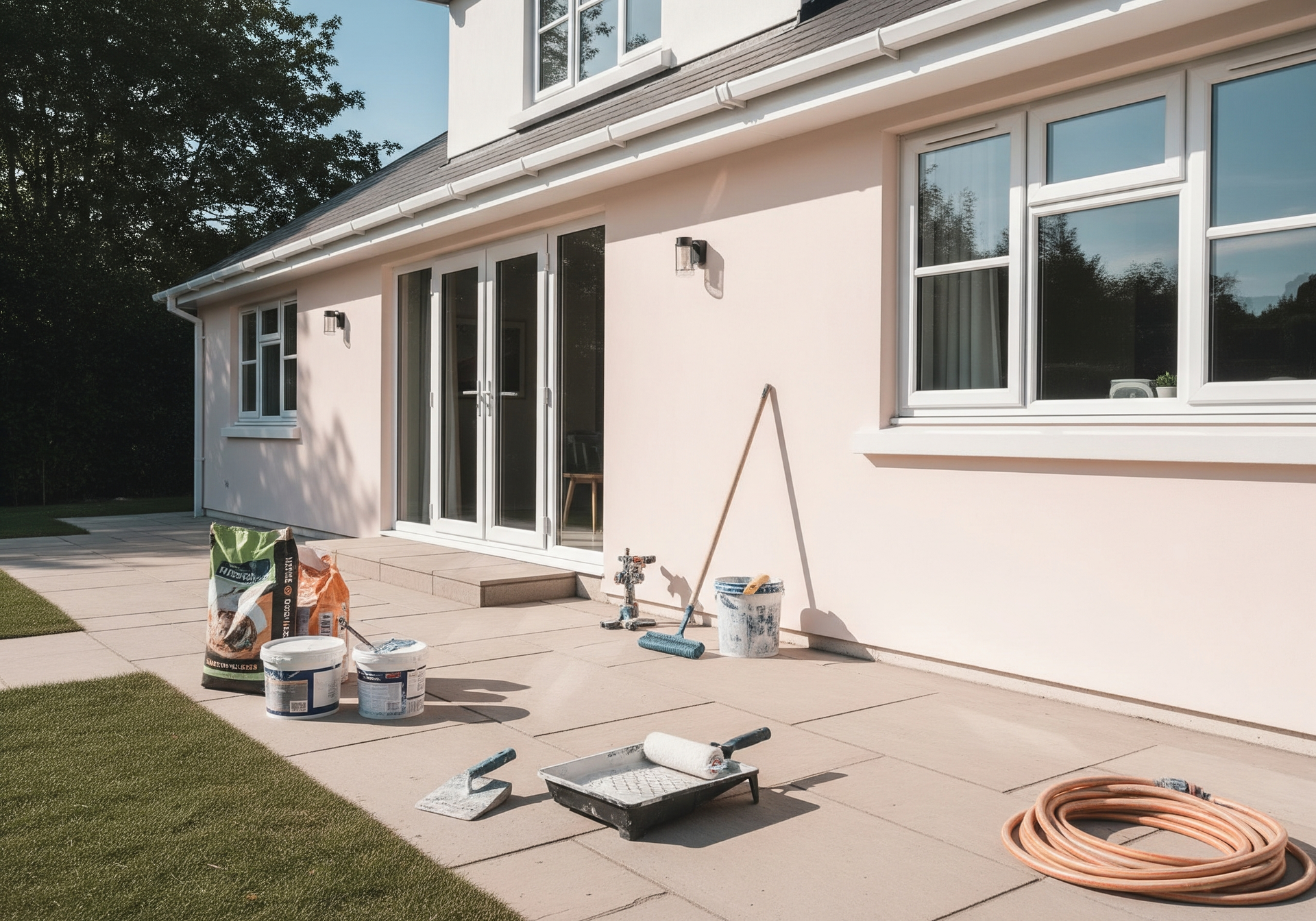 Matériaux de construction sur une terrasse à côté d'une maison rose avec des portes et fenêtres coulissantes en verre