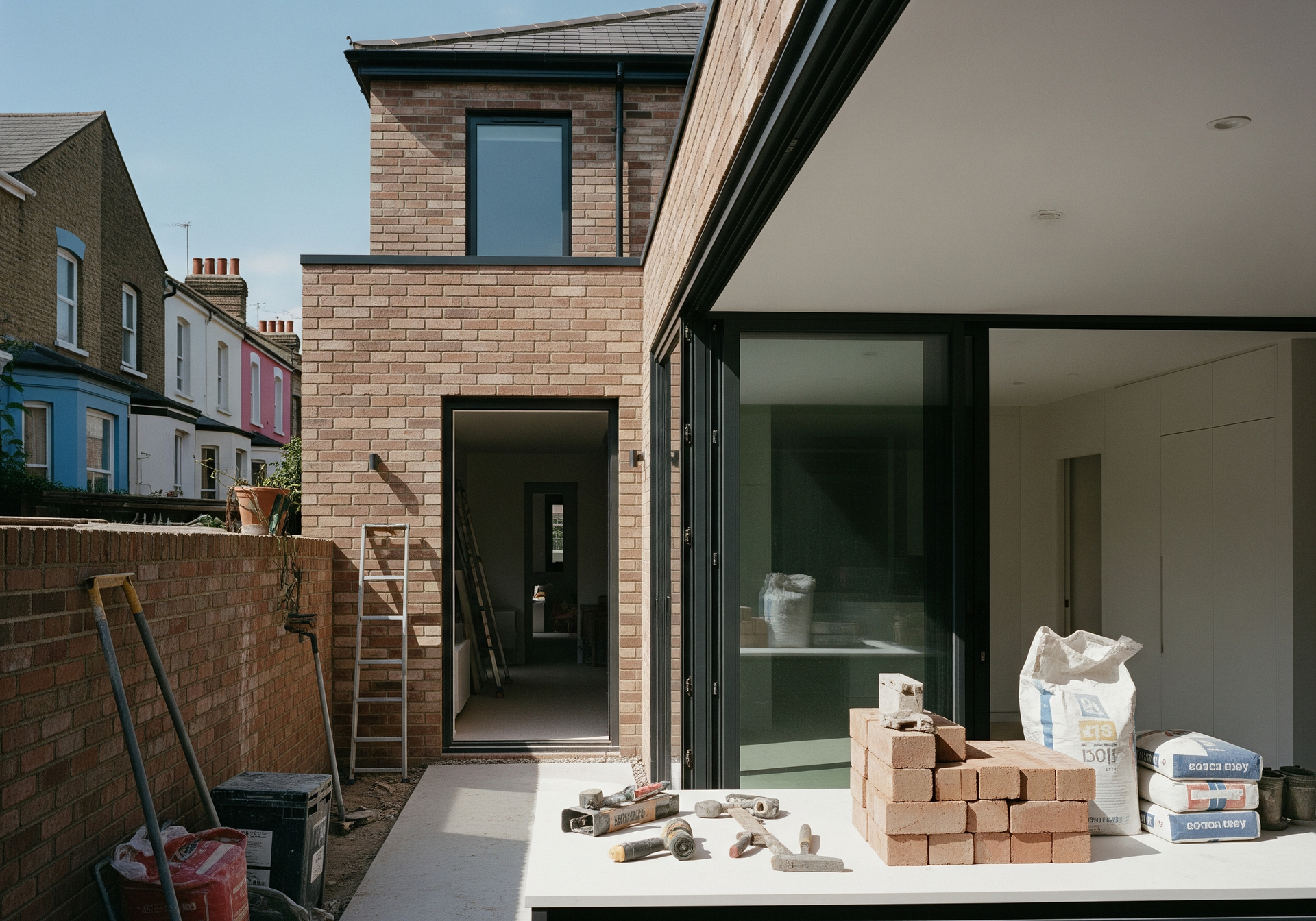 Terrasse arrière avec des briques empilées, des outils et des sacs à côté d'une maison en briques en construction