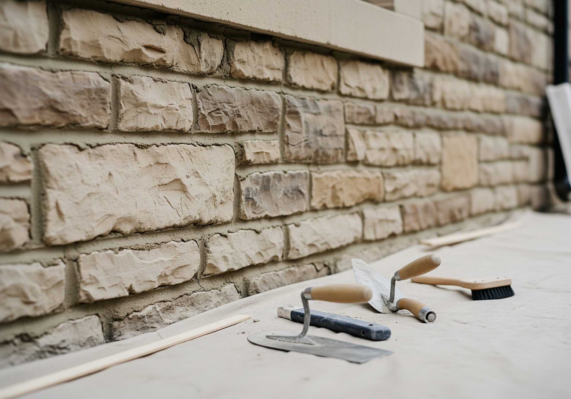 Des outils de construction, dont un marteau, une truelle et une brosse, sont posés sur une bâche à côté d'un mur de pierre.