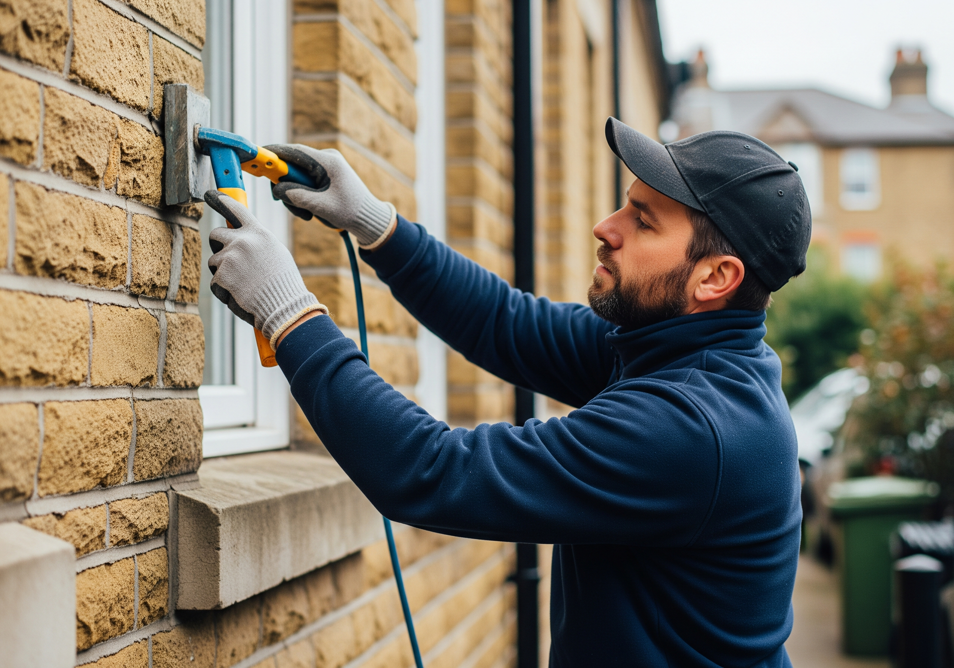 Un ouvrier utilise une perceuse sur un mur de briques près d'une fenêtre d'une maison