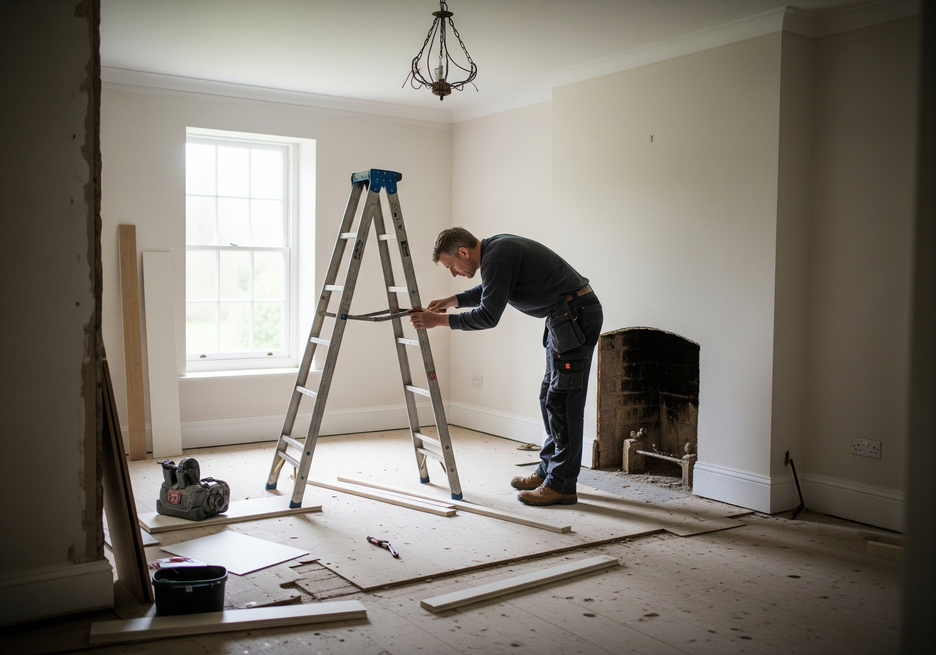 Une personne prend des mesures dans une pièce lors de travaux de rénovation, à côté d'une échelle et d'une cheminée.