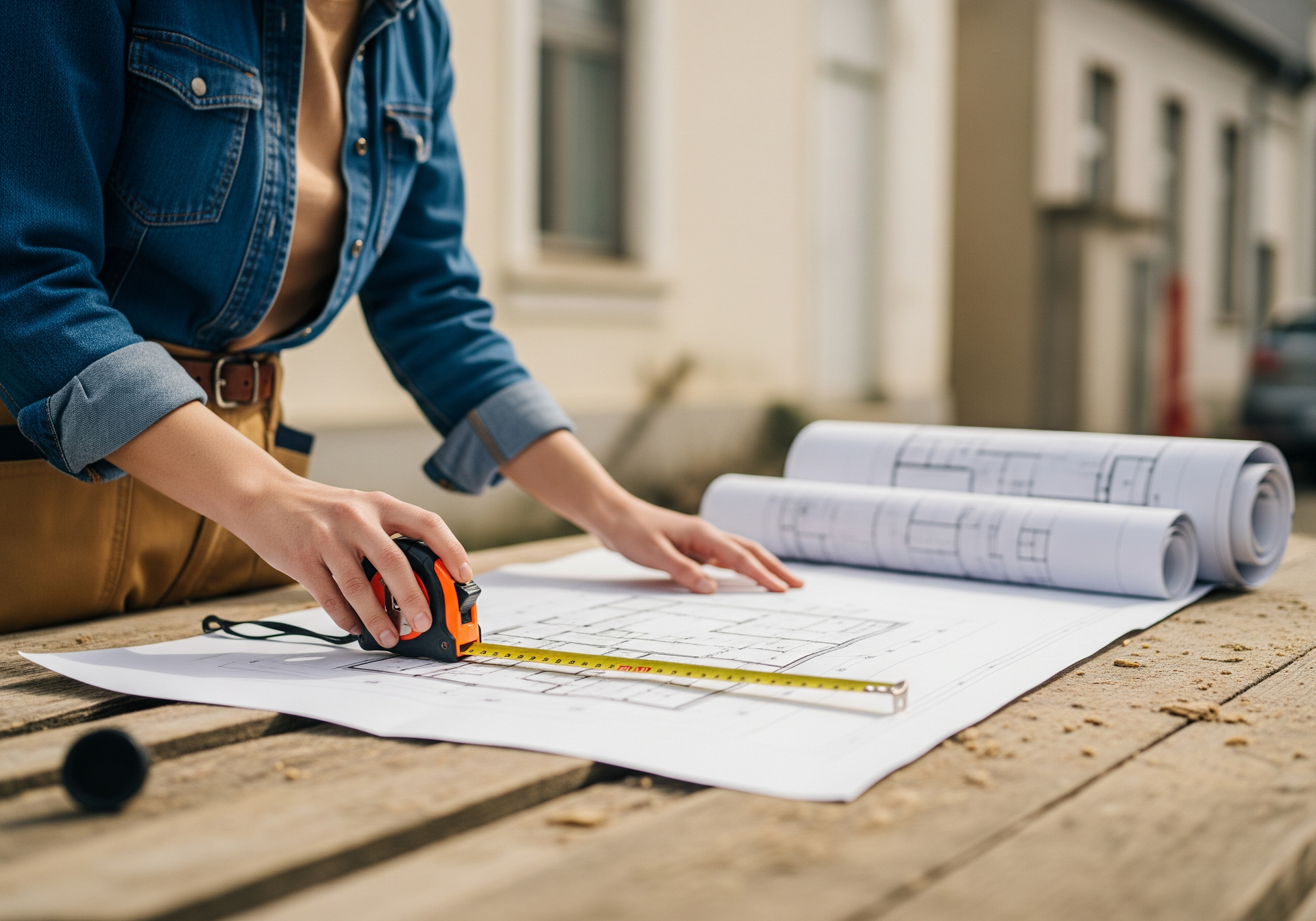 Une personne mesure un plan sur une table en bois avec des plans enroulés à l'extérieur