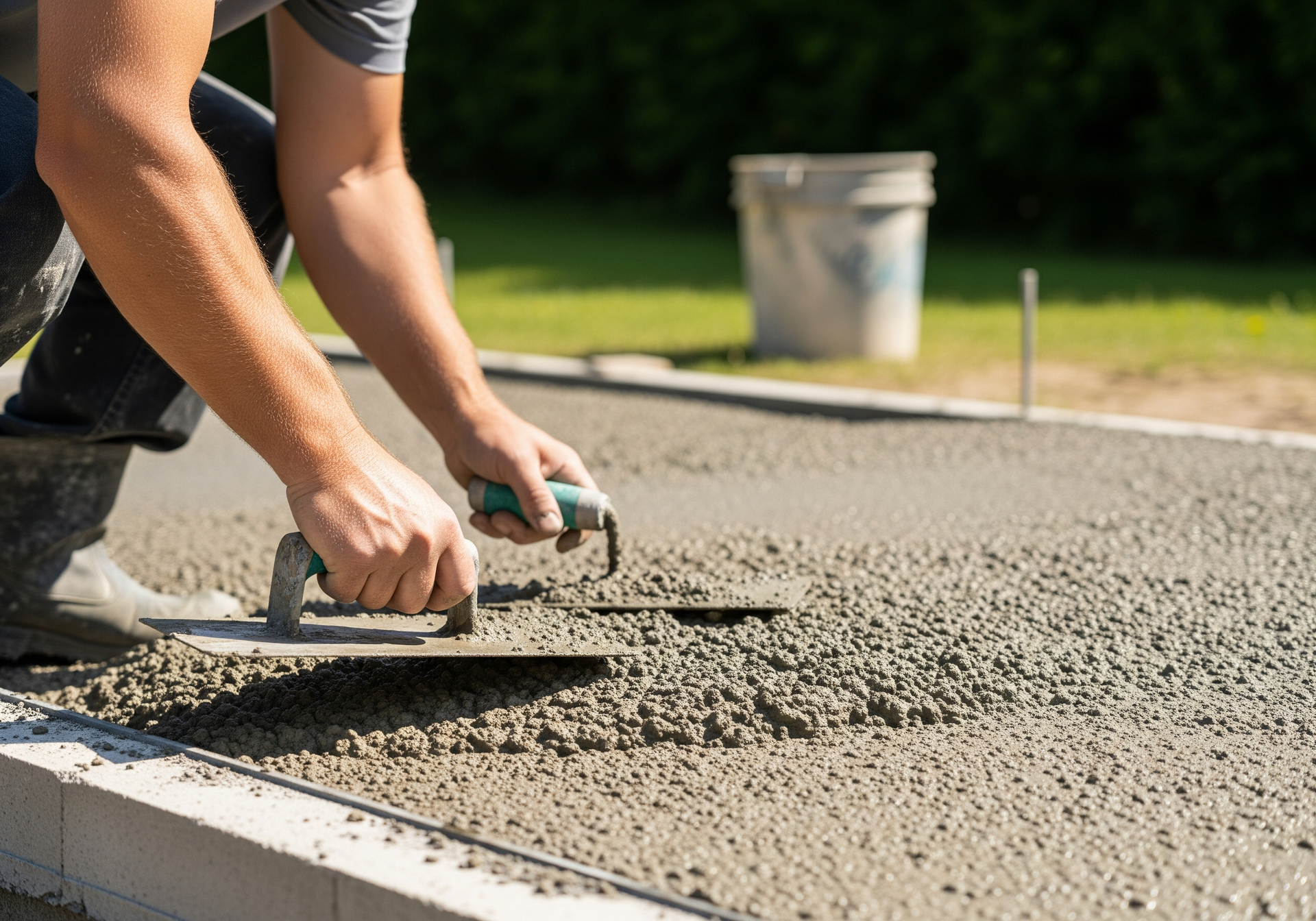 Un ouvrier lisse du béton frais à la truelle sur un chantier extérieur