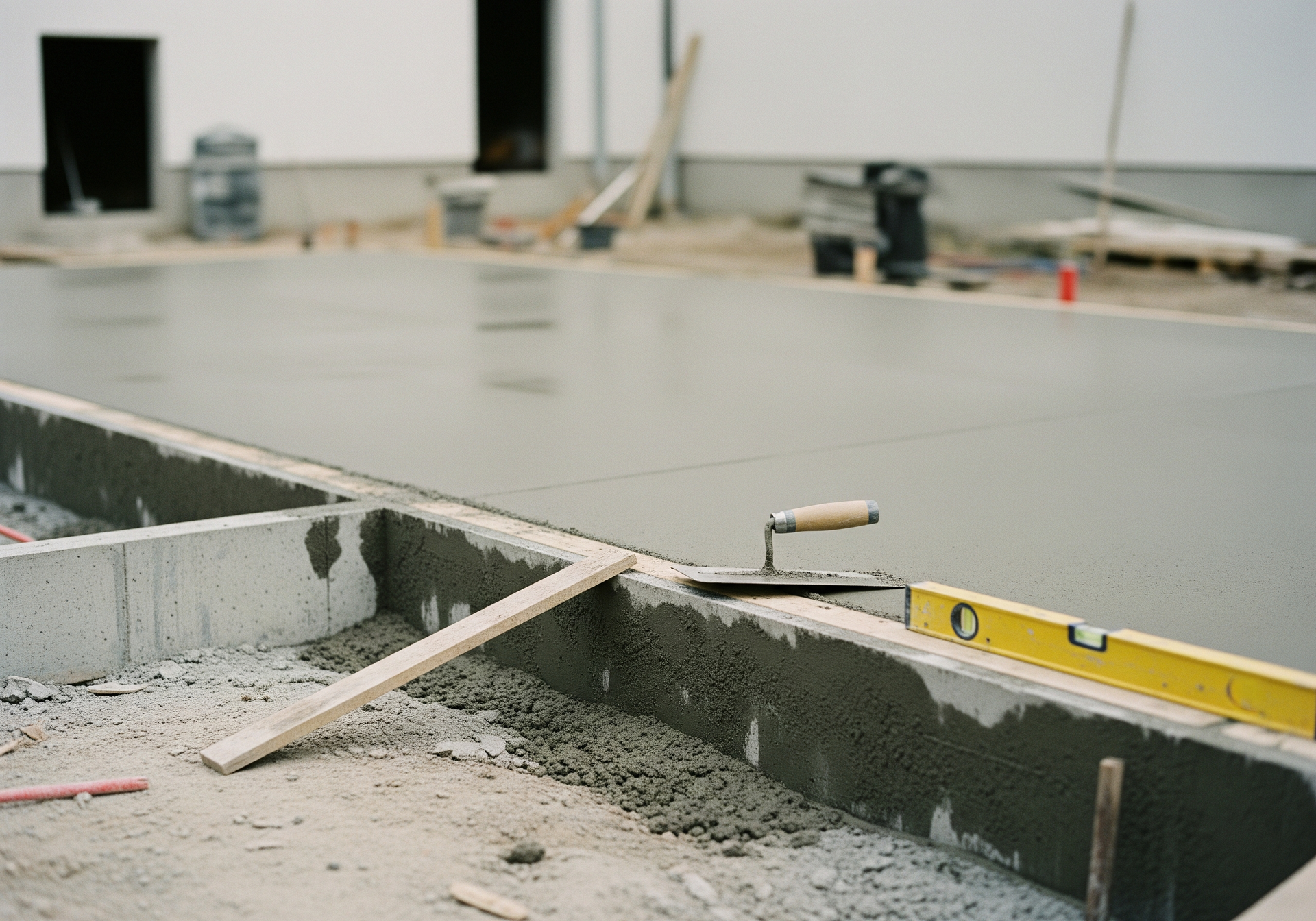 Dalle de béton en construction avec un niveau et une chape en bois au premier plan