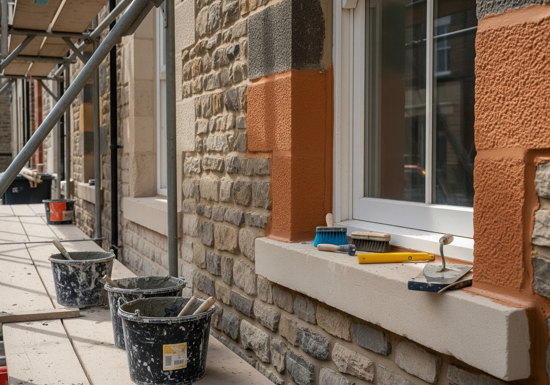 Façade d'un bâtiment en rénovation avec échafaudages, seaux de peinture et outils le long d'un trottoir en pierre