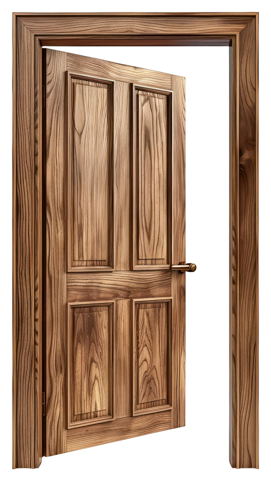Une porte d'entrée en bois ouverte.