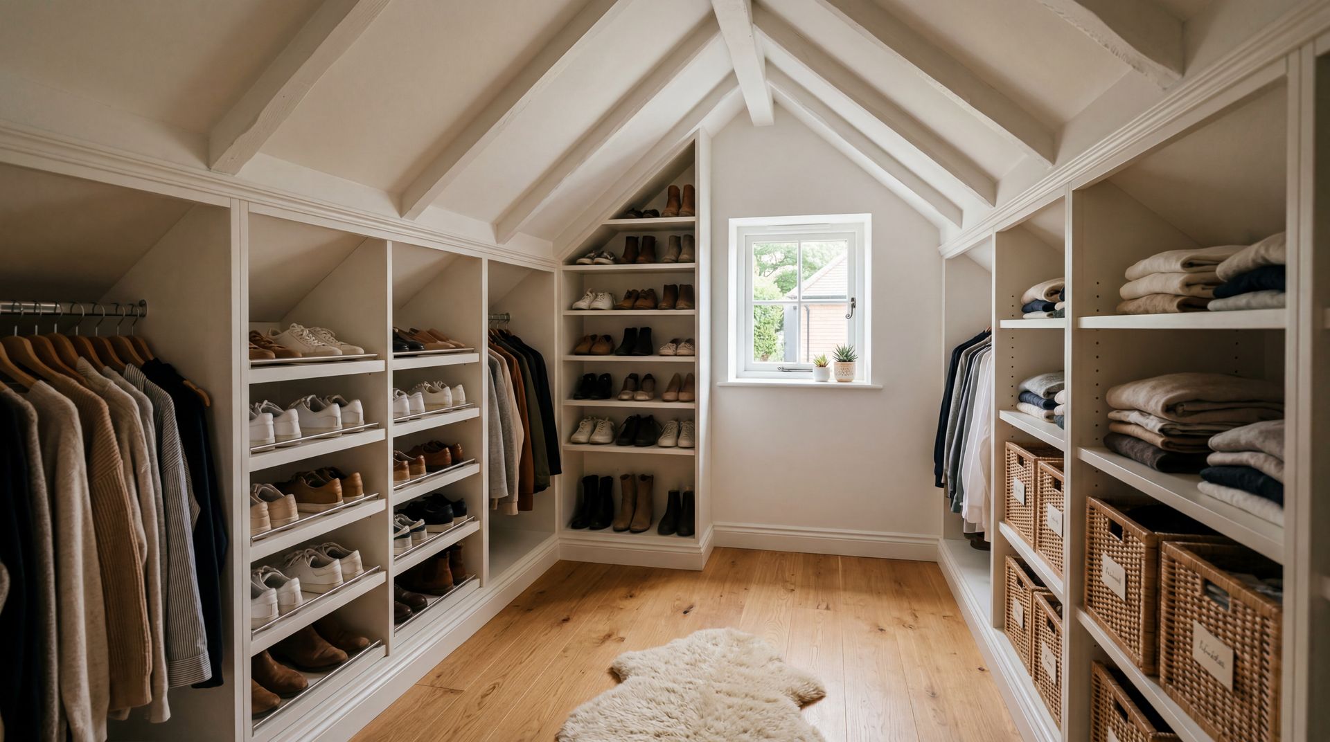Dressing lumineux accessible directement depuis la pièce, avec des étagères intégrées, des vêtements suspendus, des paniers et une petite fenêtre.