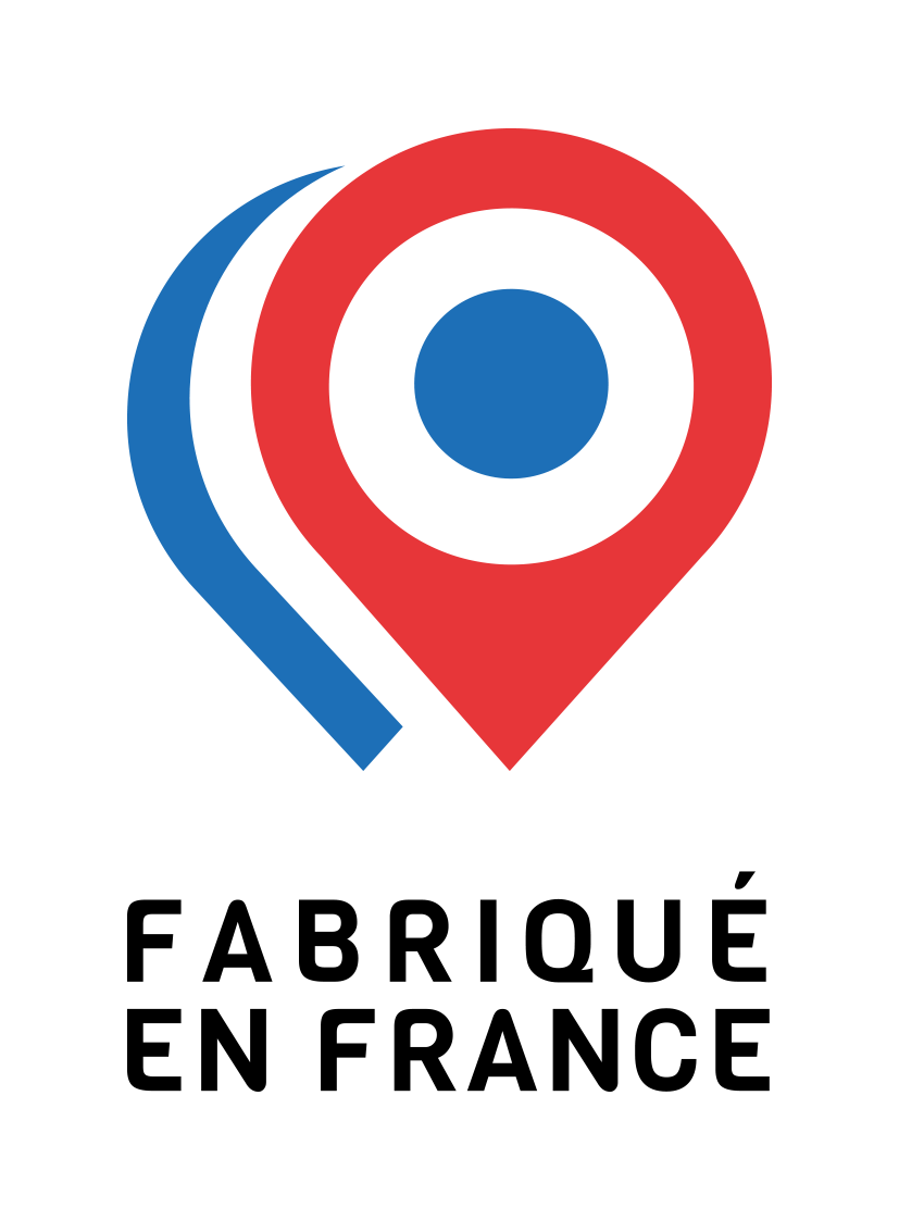 Logo Fabriqué en France avec une épingle de localisation rouge, bleue et blanche au-dessus du texte.