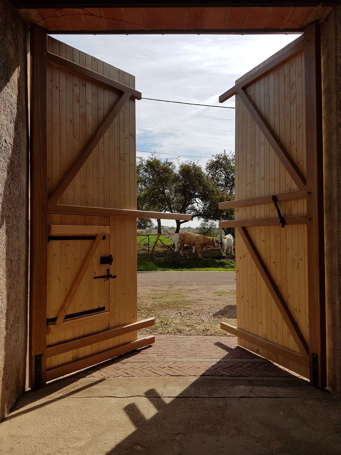 Portes de grange en bois ouvertes, encadrant une vue ensoleillée sur une cour et des arbres à l’extérieur.
