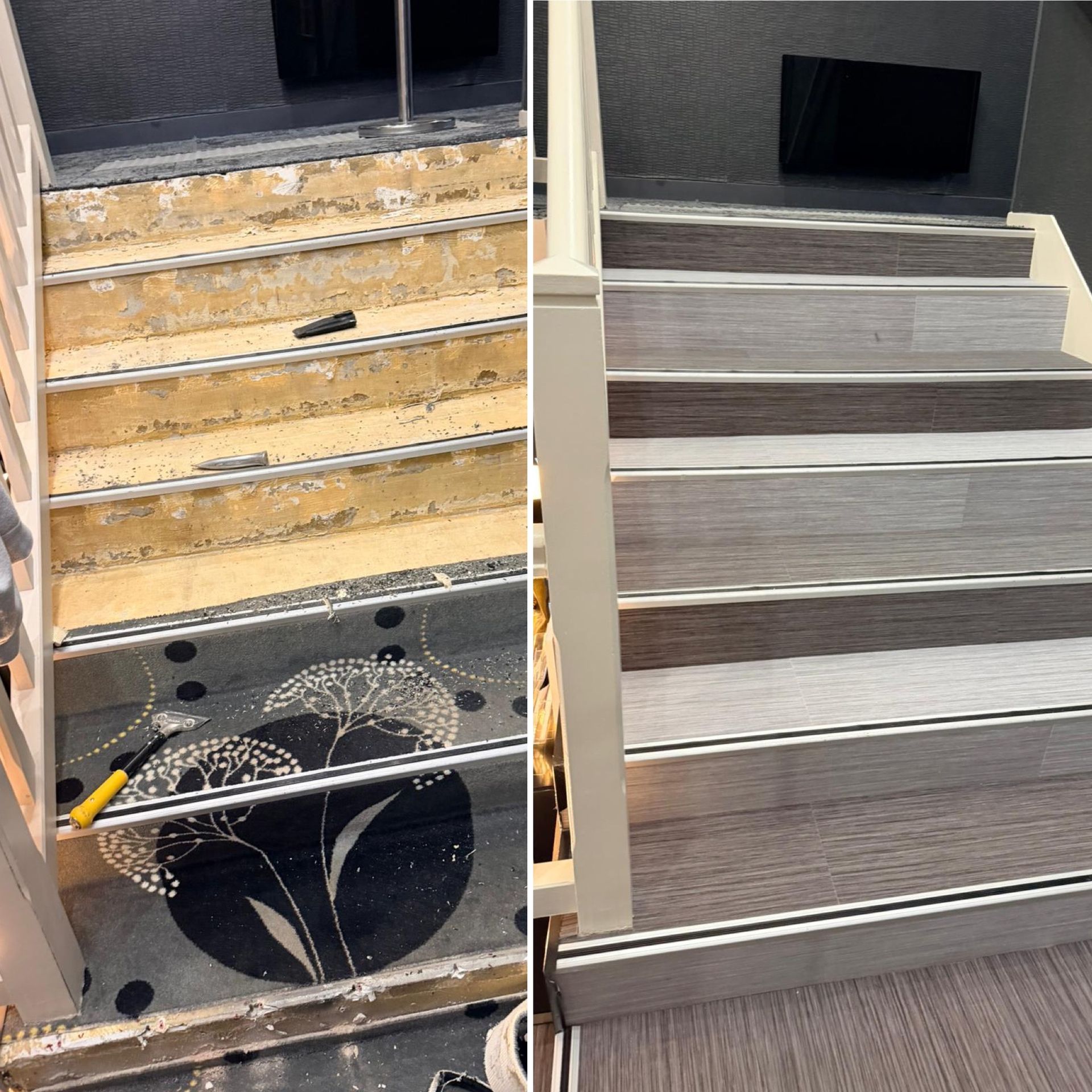 Vue avant/après de la rénovation d'un escalier, montrant l'ancienne moquette à motifs enlevée et remplacée par des lames imitation bois.